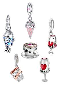 1pc Classic Petite Fashionable 925 Silver Plated Charms Including Fish, Ice Cream, Blanket, Coffee Cup, Beaded Bracelet Suitable For Daily Wear, Halloween, Parties, Girlfriend Gifts, Easter, Thanksgiving, Mother's Day