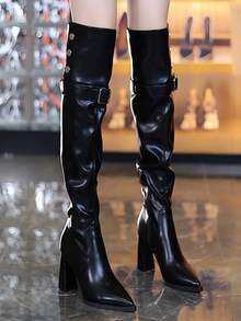 2-Way Design Thermal Lined Pointed Toe Chunky Heel Over-The-Knee Riding Boots For Women, Autumn/Winter - Black - View 5