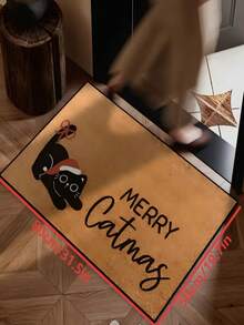 1pc New Holiday Decor - Christmas - Cute Cat Print Pattern Small Rug - 100% Polyester Material, Machine Washable Durable, Stain Resistant, Quick Drying, Suitable As Indoor Doormat