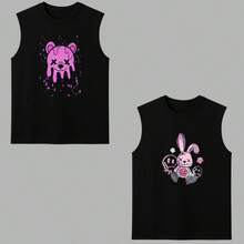 Kit 2 Regata Machão Algodão Estampada Urso Derretido Coelho Pelúcia Rosa Carinhas Camisa Academia Treino Maromba Para o Calor Primavera/Verão - Preto - Visão 1