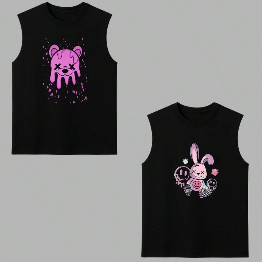 Kit 2 Regata Machão Algodão Estampada Urso Derretido Coelho Pelúcia Rosa Carinhas Camisa Academia Treino Maromba Para o Calor Primavera/Verão - Preto - Visão 1