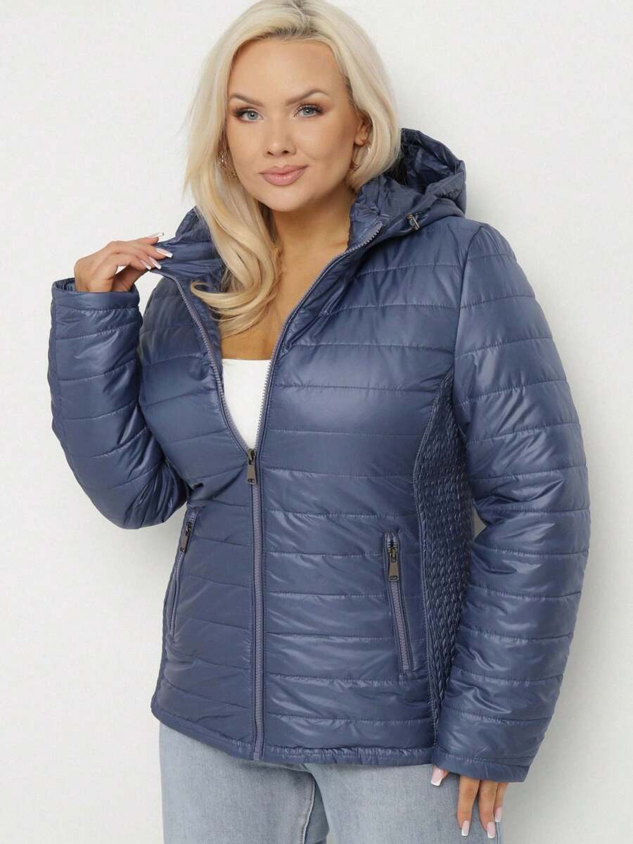 Chaqueta acolchada con capucha desmontable e inserciones elásticas - Azul Marino - Ver 1