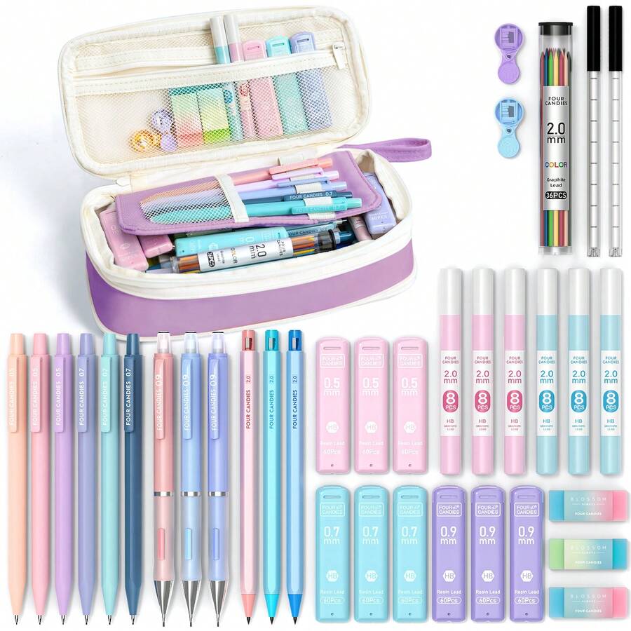 Four Candies 36PCS Aesthetic School Supplies, Mechanical Pencil Set 0.5mm, 0.7mm, 0.9mm & 2.0mm With 624 Lead Refills, Back To School Supplies For Writing & Drawing, Ideal Stationary Set Gift