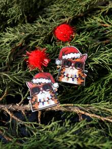 Acrylic Resin Santa Cat Earrings With Red Pom Poms – Cute Christmas Earrings, Funny Santa Cat Jewelry, Handmade Holiday Earrings, Xmas Accessories, Lightweight Christmas Jewelry, Resin Art Earrings For Christmas