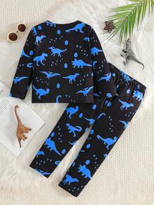 小男孩舒适卡通恐龙图案夜光长袖睡衣套装（仅在紫外线下发光），秋季 - 霧霾藍 - 查看 3