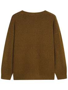 Plus Size Women Loose Fit Solid Color Drop Shoulder Long Sleeve Knit Cardigan, Fashionable & Versatile - Coffee Brown - View 7