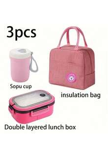 3pcs Plastic PP Bento Box Set With Lid, Compartments, Reusable, Microwave , Includes Cutlery And Insulated Lunch Bag With Zipper, Suitable For Office, School, Home, Outdoor, Travel, Camping