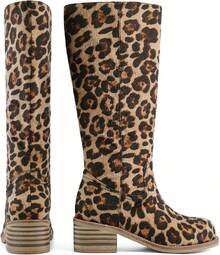Women's Knee High Chunky Block Heel Square Toe Low Heel Boots, Style - Leopard - View 6