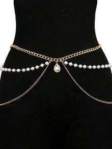 1pc Women's Fashionable Minimalist Multi-Layer Gold Metal Waist Chain, Versatile Accessory To Pair With Dresses, Pearl Chain Body Chain