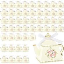 D50 Pcs Tea Party Favor Boxes Tea Party Decorations Vintage Floral Teapot Box Flower Teapot Candy Gift Case For Women Spring Garden Wedding Bridal Shower Birthday Light Yellow10 - 淺黃色 - 查看 4