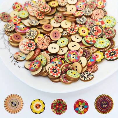 100/200pcs Mixed Vintage Wooden Buttons, Round 15mm And 20mm, Colorful Painted And Printed Designs, Suitable For Sewing, Knitting, Scrapbooking, DIY Clothing Decoration, Handicrafts, Gift Packaging - Perfect For Christmas Crafts, Easter DIY Projects, Back To School Supplies