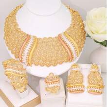 High Quality Classic Design Gold Plated Jewelry Set For Women Tricolor Necklace Earrings Bangle And Ring For Wedding Party Gift Or Daily Wear