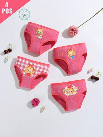4 piezas/paquete Bragas suaves y cómodas con lindo estampado de niña fresa para niñas