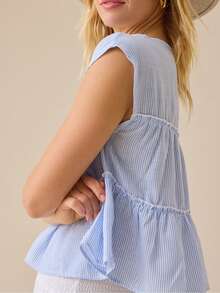 Women Y2k Striped Tiered Babydoll Tops Teens Cute Ruffle Pleated Short Sleeve Flowy Shirts Crewneck Loose Crop Tee - Màu xanh lam - Xem 2