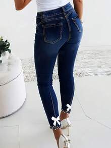 Women's Fall Winter Slim Tight Jeans (Fall Clothes For Women, Pantalones Jeans De Mujer, Pantalones De Invierno Mujeres) – Sexy Fit, Diamond & Pearl Butterfly Hem Decor, For Parties, Dances, Nightclubs - 深色水洗藍 - 查看 2