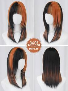 18 英寸时尚齐肩假发，橙色黑色挑染假发，带刘海深色发根，蓬松全机高密度合成纤维分层假发，适合女孩日常、街头服饰、音乐节派对摄影假发，非常适合开学季、万圣节角色扮演动漫或服装使用 - 彩色 - 查看 6