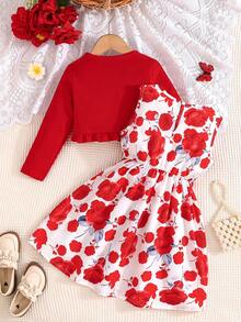 Girls Spring/Autumn New Fashion Ruffle Trim Jacket Paired With Cute Butterfly & Flower Print Sleeveless Dress 2 Pieces Set - Red - View 2