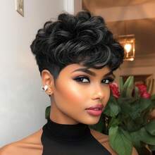 Layered Short Loose Wave Pixie Cut Human Hair Wig For Women Natural Black Colored Human Hair Wig With Bangs Remy Peruvian Human Hair Wig Rose Net Full Machine Made Holiday Wear Party Wear Music Festival Mother's Day Carnival Valentine's Day Halloween All Saints' Day Christmas Day Cosplay Spring Summer Autumn Winter Local Warehouse Wear And GO New Product Discounts Wigs For Black Women - Natural Black - 查看 3