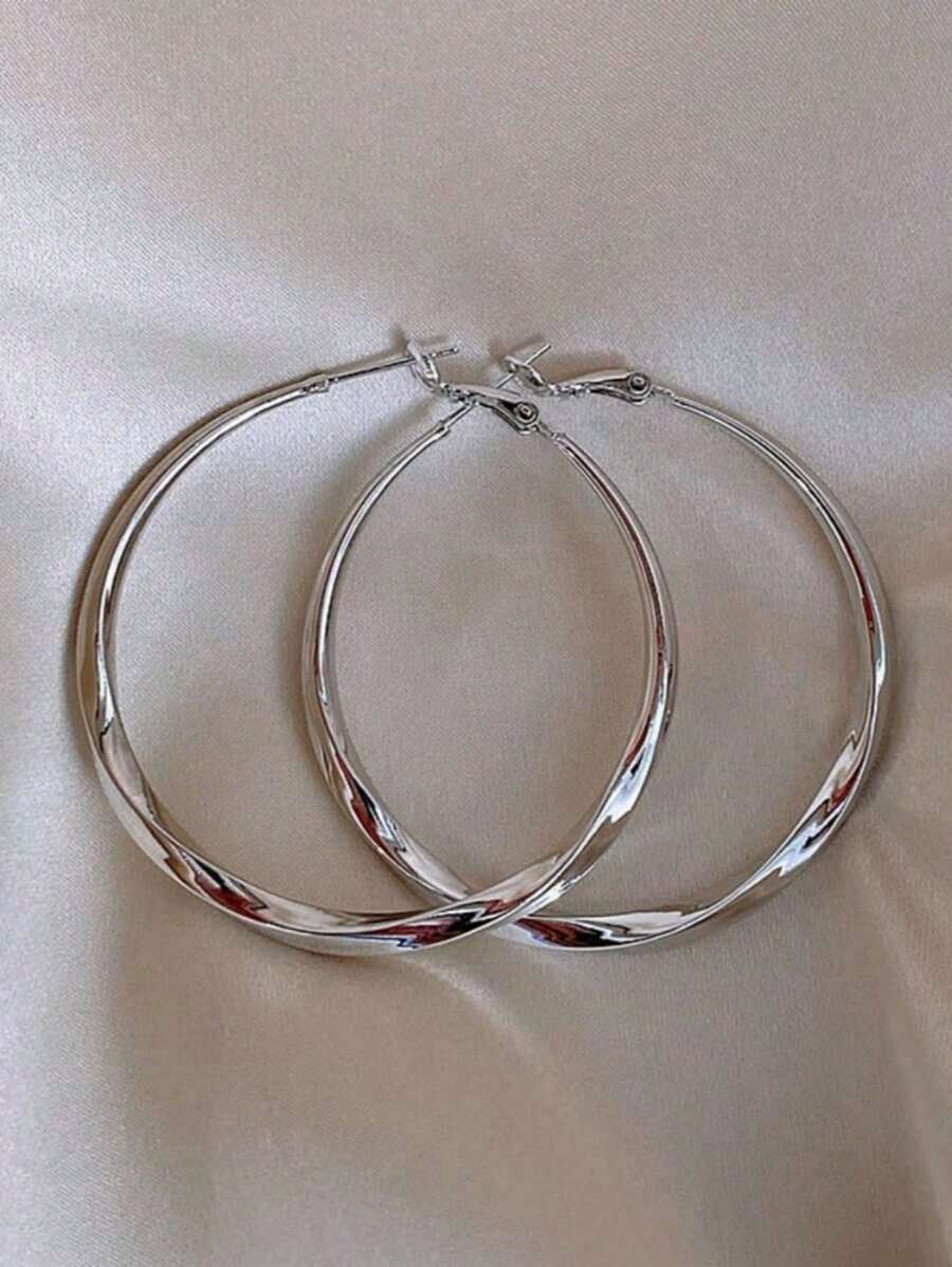 1 Pair European & American Style Metal Hoop Earrings For Women – Classic Fashion Jewelry Perfect For Daily Wear, Parties, And Gifts - 銀色 - 查看 1