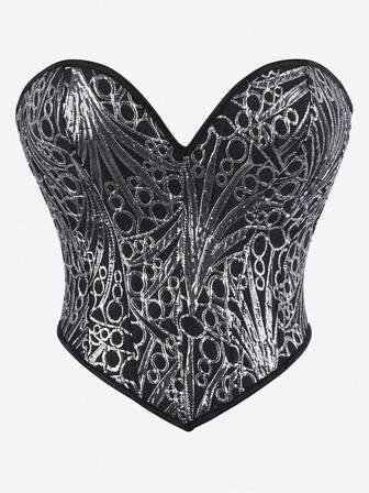 紧身胸衣上衣无肩带女式塑身衣紧身胸衣朋克风格刺绣紧身衣修身紧身胸衣