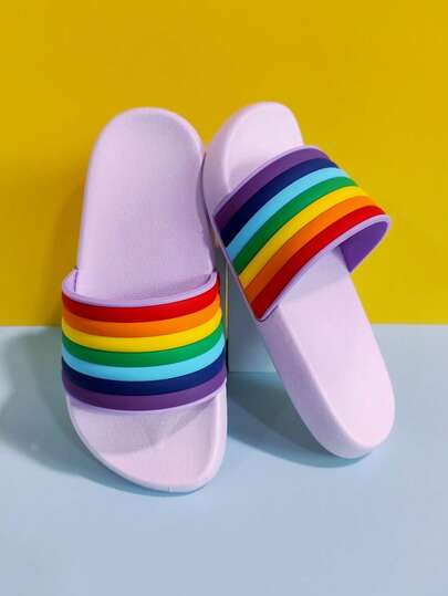 1 Pair Kids' Rainbow PVC Non-Slip Flat Slippers, Suitable For Indoor And Outdoor Wear, Home, Bathroom, All Season