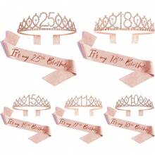 2 件套 18 岁 21 岁 25 岁 30 岁 40 岁 50 岁 60 岁 70 岁玫瑰金生日女王绶带带别针，甜美水钻王冠，生日礼物装饰女士，圣诞节