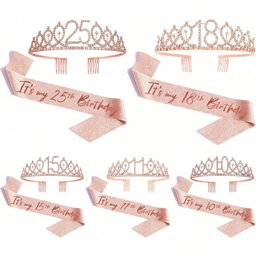 2 件套 18 岁 21 岁 25 岁 30 岁 40 岁 50 岁 60 岁 70 岁玫瑰金生日女王绶带带别针，甜美水钻王冠，生日礼物装饰女士，圣诞节