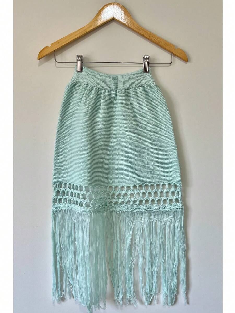Knitted Beach Skirt With Fringes And Detail At The Hem. - Màu xanh lá cây nhạt - Xem 1