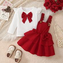 Ținută pentru bebeluși de fetiță, 2 buc., top minimalist și drăguț, cu dungi albe, mânecă scurtă, fundă 3D roșie și fustă cu fundă roșie în straturi, ținută de zi cu zi pentru primăvară/toamnă - roșu - Vizualizare 2