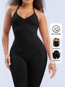 Yefecy 2 件套，新款 Impact 运动瑜伽背心和高腰紧身裤，女士健身瑜伽上衣，健身服锻炼露背紧身内置罩杯上衣，柔软舒适，日常，户外，运动，女士健身服套装，女士健身套装 - 黑色 - 查看 5