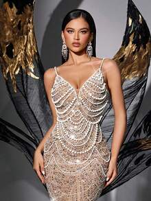 Glamouröses paillettenbesetztes, perlenbesticktes ärmelloses Meerjungfrauenkleid mit V-Ausschnitt (stark verziert) - Champagnerfarben - Übersicht 2