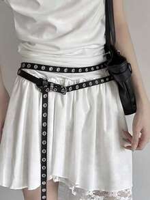 1条78.8英寸街头朋克Y2K风格女士全孔金属孔眼PU皮革腰带，适合休闲、周末郊游、派对、音乐节、圣诞节、校园等场合。