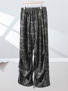 女士休闲街头风褶裥宽松灯芯绒裤，印花图案，弧形裤脚，适合秋冬季节和开学季，大码尺码