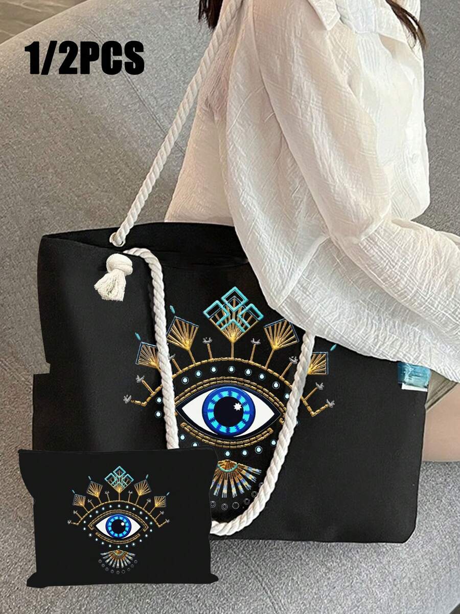 Blue Glasses Pattern Black Handbag Set Comes With Two Side Pockets,Women's Linen Large Capacity Tote Bag,Personalized Gift Bag, Women's Travel, Gift Bags,Commuting Bag And Zipper Beauty Bag,Makeup Bag, Travel Storage Bag, Suitable For Weddings, Birthdays,Holidays, It Is The Perfect Gift For Women, Mothers, Teachers, Friends, Bridesmaids, Big Bags, Students And Back To School,Suitable For Nature Enthusiasts And Women,Saudi National Day