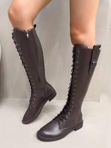 2025 Botas Femininas Cano Alto de Salto Baixo com Bico Redondo, Última de Outono/Inverno, Com Cadarço e Zíper Interno, Casual, Confortável, Moda Versátil e Sexy, Adequado para Bailes, Festas, Festivais de Música, Etc.