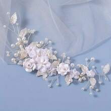 1pc Elegant Bridal Hair Accessory, Featuring White Rose & Rhinestone - Floral Vine Headpiece For Wedding, Prom, Daily Wear, Rhinestone Decorated Flower Print Soft Ceramic Valentine's Day Accessories