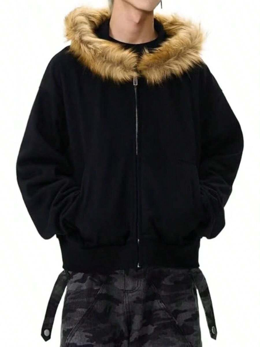 Men Hoodie Zip Up Y2k Zip Up Hoodie Fur Hooded Jacket Warm Winter Coat For Men With Hood Fur Collar Streetwearhalloween - 黑色 - 查看 1