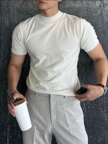 Men's T-Shirt Solid Turtleneck Neck Knit Tops - Red and White - View 2