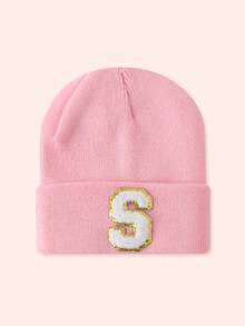 1pc Pink Children's Hat With 26 Letters, Knitted Beanie For Baby Boys And Girls, Warm For Outdoor And Daily Wear - Gold Label-pink Fluorescent Cap - View 16