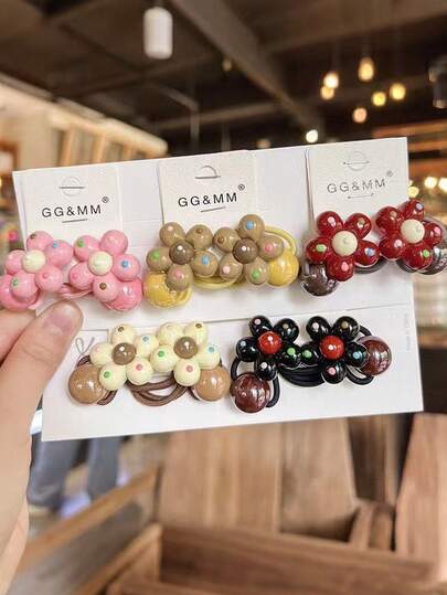 5pcs/Set Colorful Polka Dot & Flower Elastic Hair Ties, Cute & Sweet Hair Accessories For Little Girls, Versatile For Daily Wear, Party, School Use (No Card)