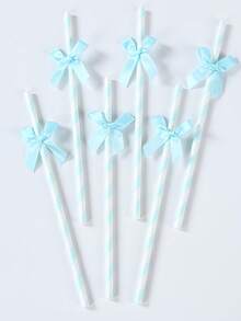 30/50 Stück hellblaue gestreifte Papierstrohhalme mit Satinschleifen, geeignet für Baby-Shower, Geburtstag, Hochzeit, Braut, Schmetterlings-Themen-Party, Teenager-Übernachtungsparty, Partydekorationen - Babyblau - Übersicht 6