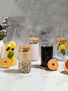 4 piezas Vaso de vidrio con tapa y pajita, bebida, vaso para café helado, tapa de bambú linda, pajita reutilizable y cepillo de limpieza de pajitas, adecuado para restaurante/hotel/uso doméstico