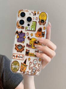1pc Halloween Skeleton Pumpkin Letter Pattern, Air Cushion Transparent Anti-Fall Phone Protective Case, TPU Material, Suitable As Holiday Gift, Compatible With Apple XS/XS Max/XR/11 12 13 14 15 16 Pro/Pro Max/14 15 16 Plus, Unisex, Also Compatible With Samsung Phones - Clear - View 3