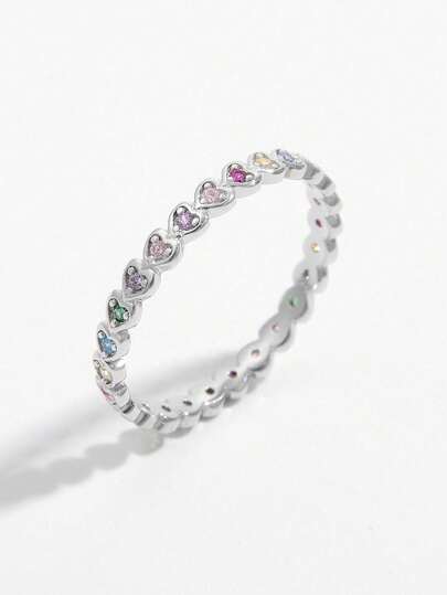 1 anel elegante, minimalista, pequeno e romântico, empilhável, de prata 925, com zircônia cúbica, com design de coração colorido, acessório feminino para festa/encontro, presente de Dia dos Namorados