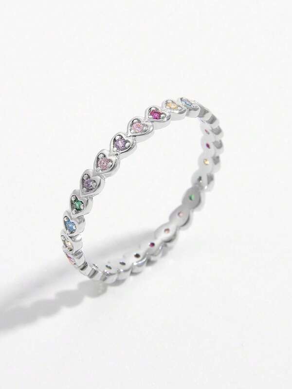 1pc Elegant Minimalist Petite Romantic Stacking 925 Silver Cubic Zirconia Colorful Heart Design Ring, Women's Party/Date Accessory, Valentine's Day Gift