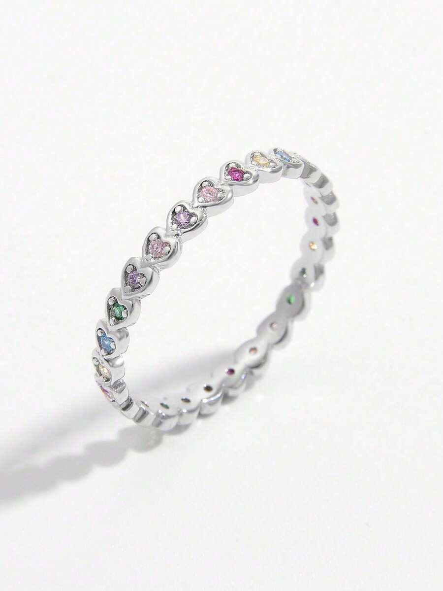 1 Stück eleganter, minimalistischer, romantischer, stapelbarer 925er Silber-Ring mit buntem Herz-Design aus kubischem Zirkonia, Damen Party/Date Accessoire, Valentinstags Geschenk - Silber - Übersicht 1