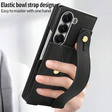 VIETAO Wristband Strap Holder Card Slot Electroplated Material Faux Leather Phone Case Compatible With Samsung Galaxy Z Fold 4 5 6 7 Phone Holder Stand Cover