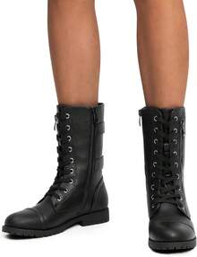 Women's Mid Calf Built-In Wallet Pocket Lace Up Combat Boots, Fashionable Combat Boots - Classic Brown - View 6