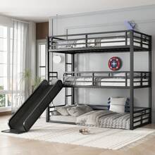 Twin XL Over Twin XL Over Twin XL Bunk Bed With Slide, Metal Triple Bunk Bed With Safety Guardrails, Heavy-Duty Bunk Bed With Noise-Reduced Design, Black - 1 - Xem 9