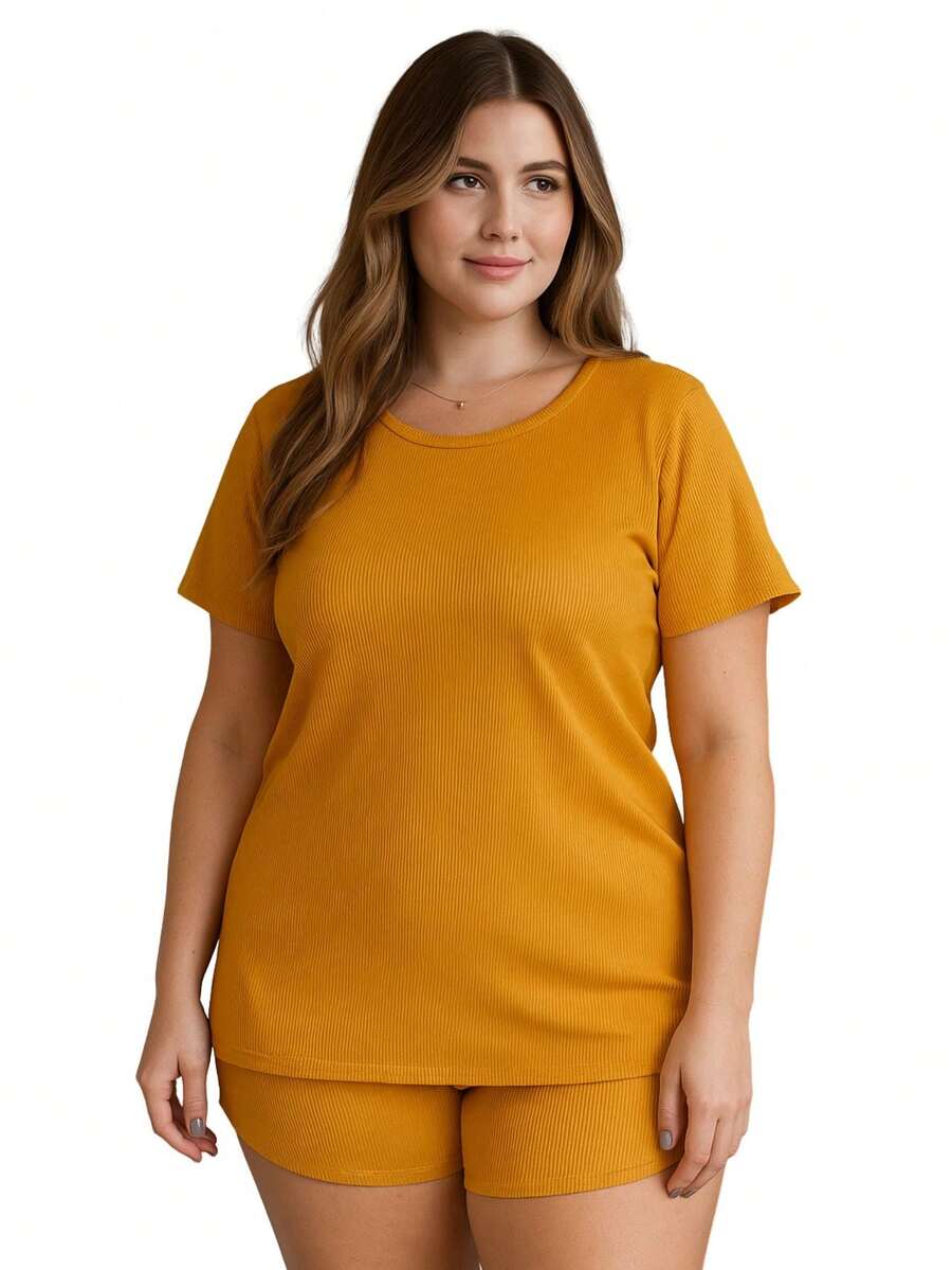 Plus Size Ribbed Suede Pajamas, Blouse And Shorts, Juliana 50 52 54 56 - 駝色 - 查看 1